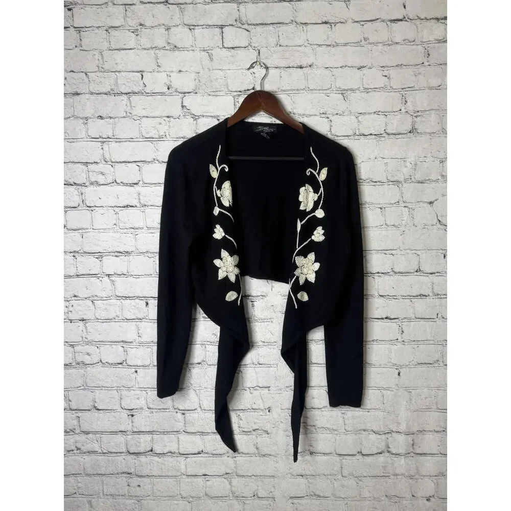 SML‎ Design Women's Black Wrap Sweater with Floral Embroidery